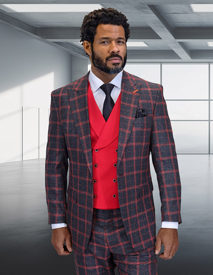 Men's Designer Two Button Vested Wool & Cashmere Suit in Black & Burgundy Windowpane Plaid