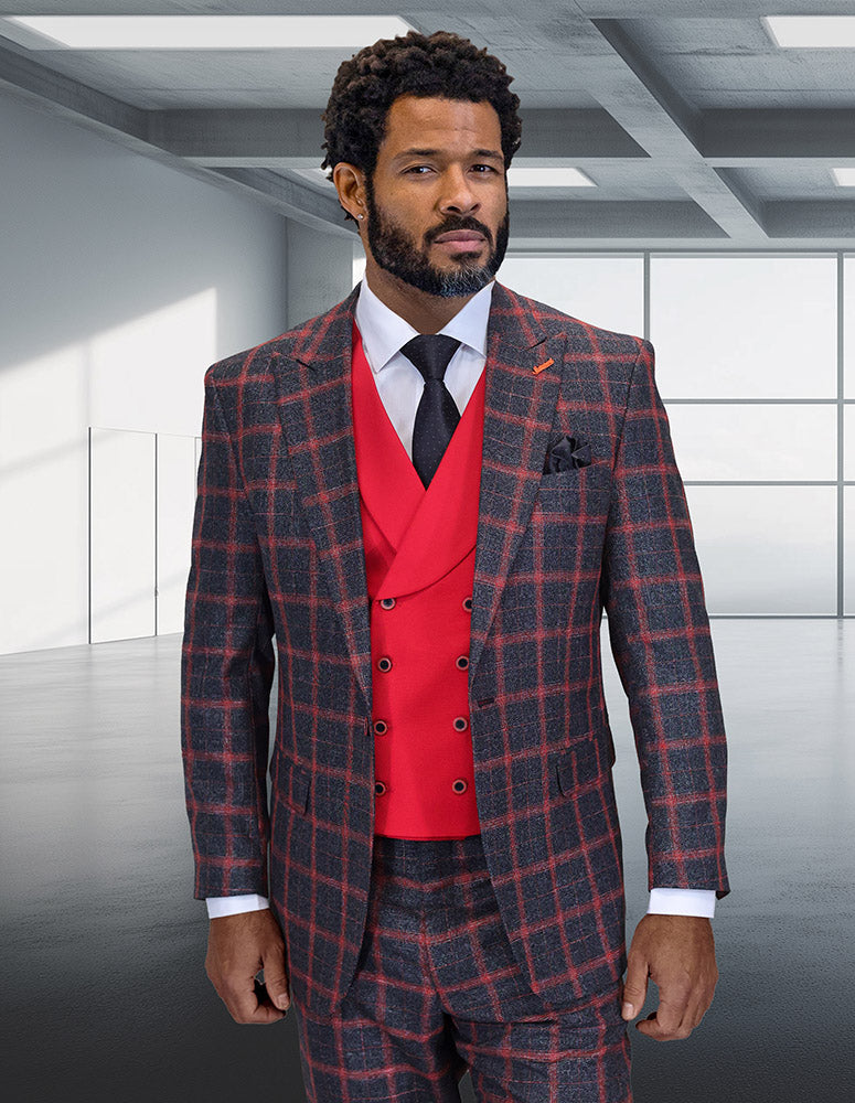 Men's Designer Two Button Vested Wool & Cashmere Suit in Black & Burgundy Windowpane Plaid