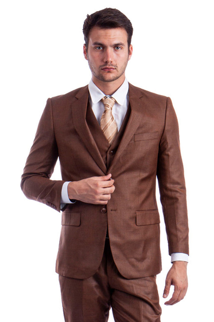 Men's Cognac Sharkskin Suit by Tazzio Suits