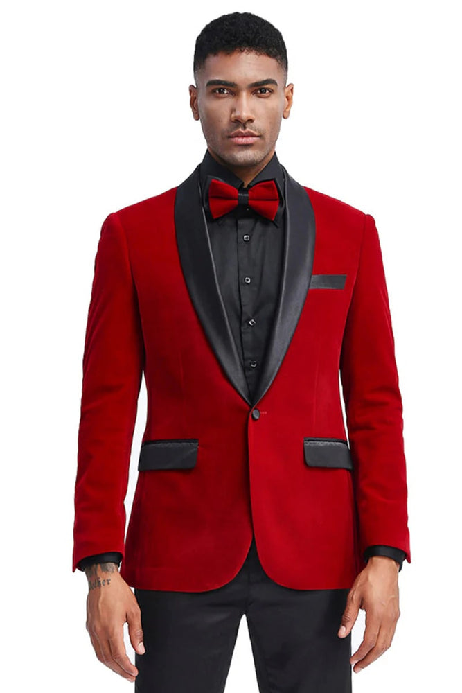 Men's Slim Fit Shawl Lapel Velvet Wedding & Prom 2025 Tuxedo Jacket In Red