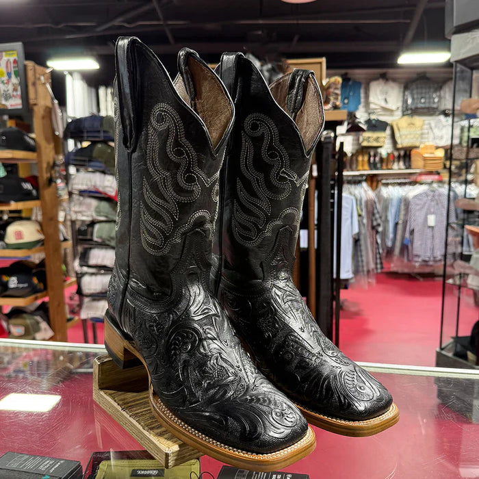 Mens White Diamond Boot Men's Black Hand-Tooled Western Boots Square Toe