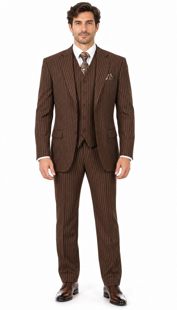 Harlem Nights Suits for Men - Milano 1920s Mens Brown Pinstripe 3 Piece Suit Regular Fit 5702V10