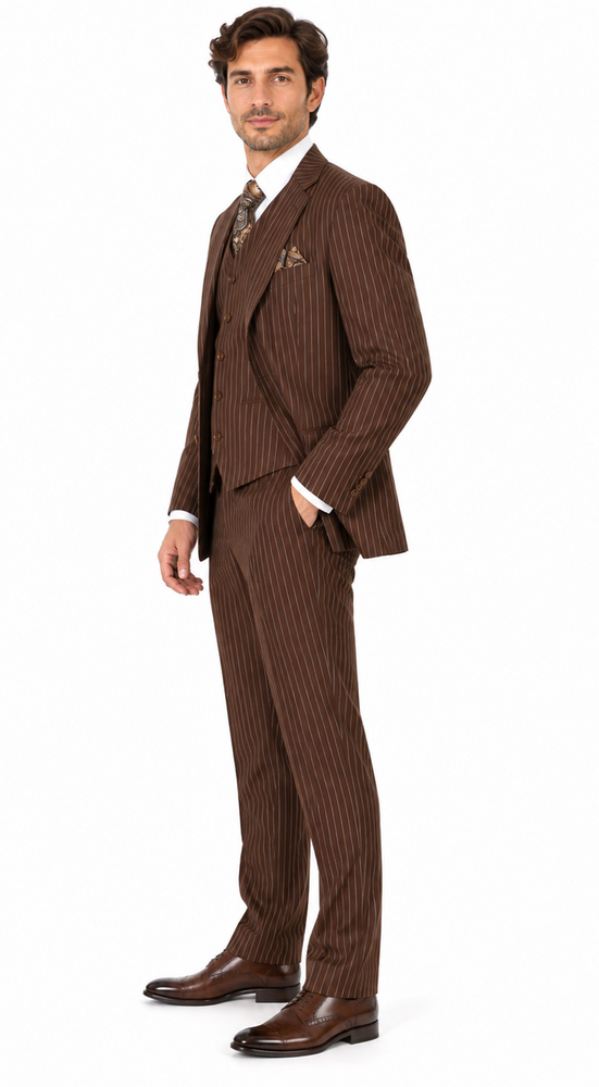 Harlem Nights Suits for Men - Milano 1920s Mens Brown Pinstripe 3 Piece Suit Regular Fit 5702V10