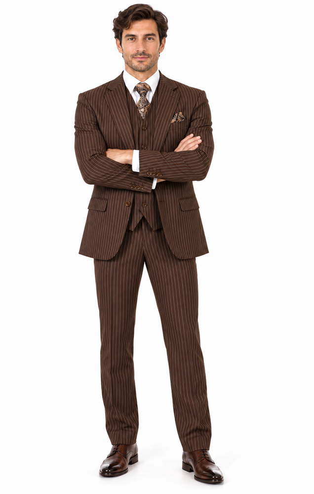 Harlem Nights Suits for Men - Milano 1920s Mens Brown Pinstripe 3 Piece Suit Regular Fit 5702V10