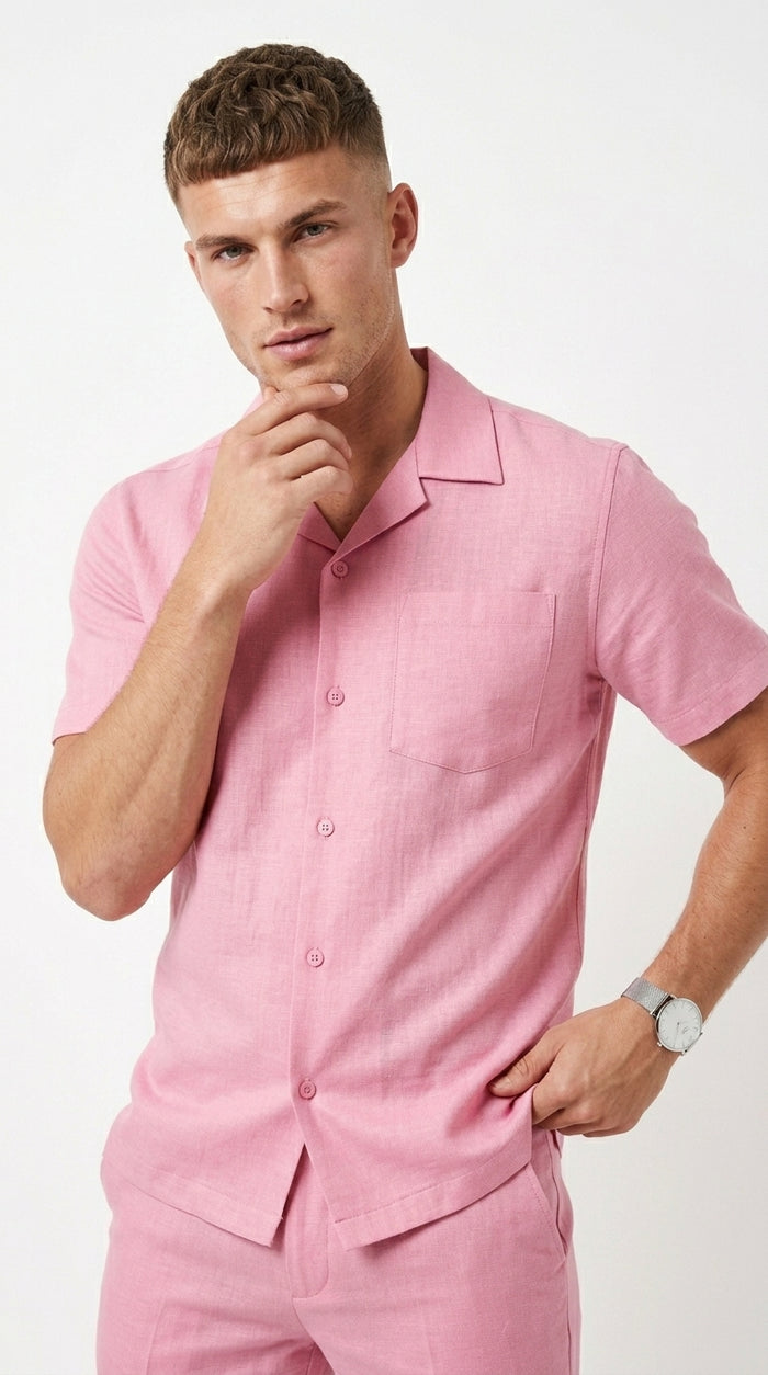 Men’s Lilac Pink Linen Walking Suit with Short Sleeve Shirt and Matching Pants, Summer Casual Outfit