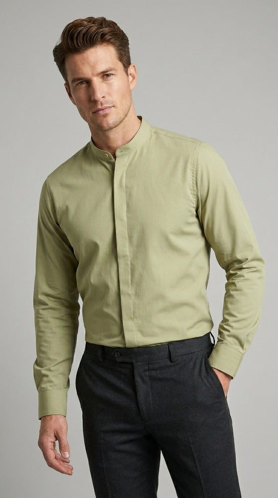 Men’s Tan Mandarin Collar Dress Shirt, Collarless Banded Collar Formal Preacher Shirt