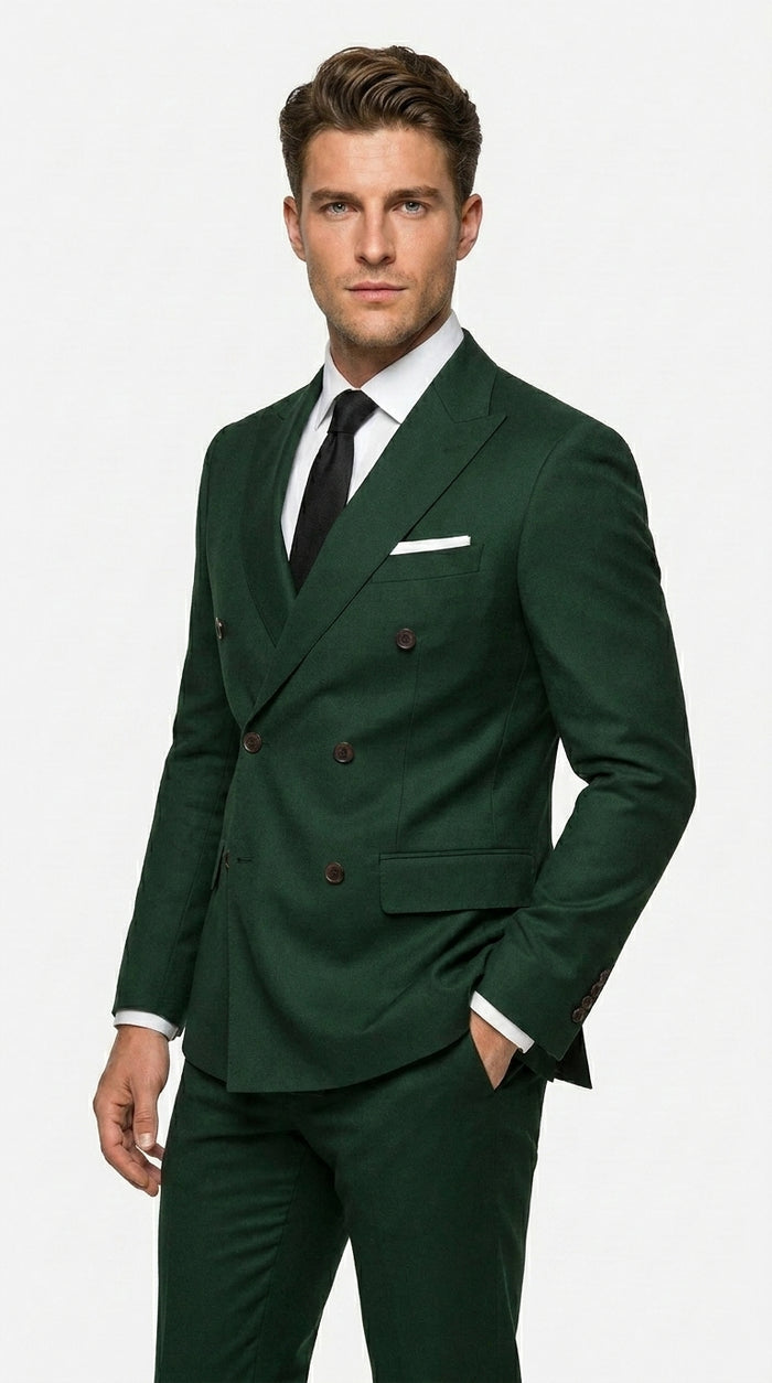 Men’s Olive Green Double Breasted Suit with Gold Buttons, Designer Wool Formal Wedding Business Suit Set