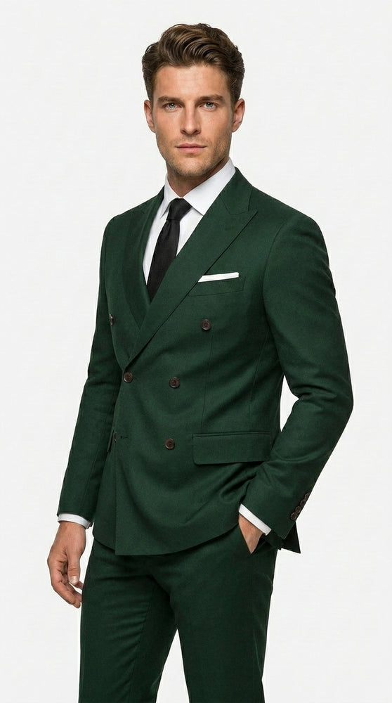 Men’s Olive Green Double Breasted Suit with Gold Buttons, Designer Wool Formal Wedding Business Suit Set