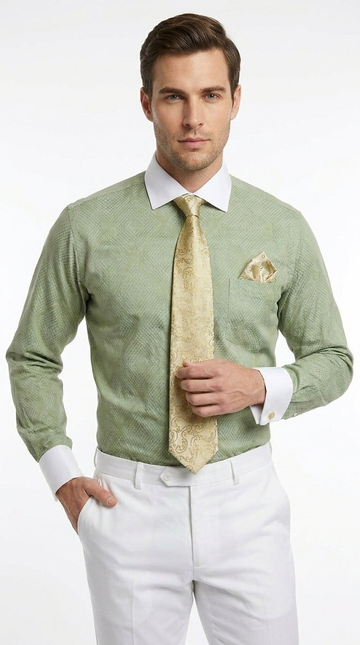 Men’s Apple Green Mini Plaid French Cuff Dress Shirt with Tie and Handkerchief, White Collar Contrast Shirt