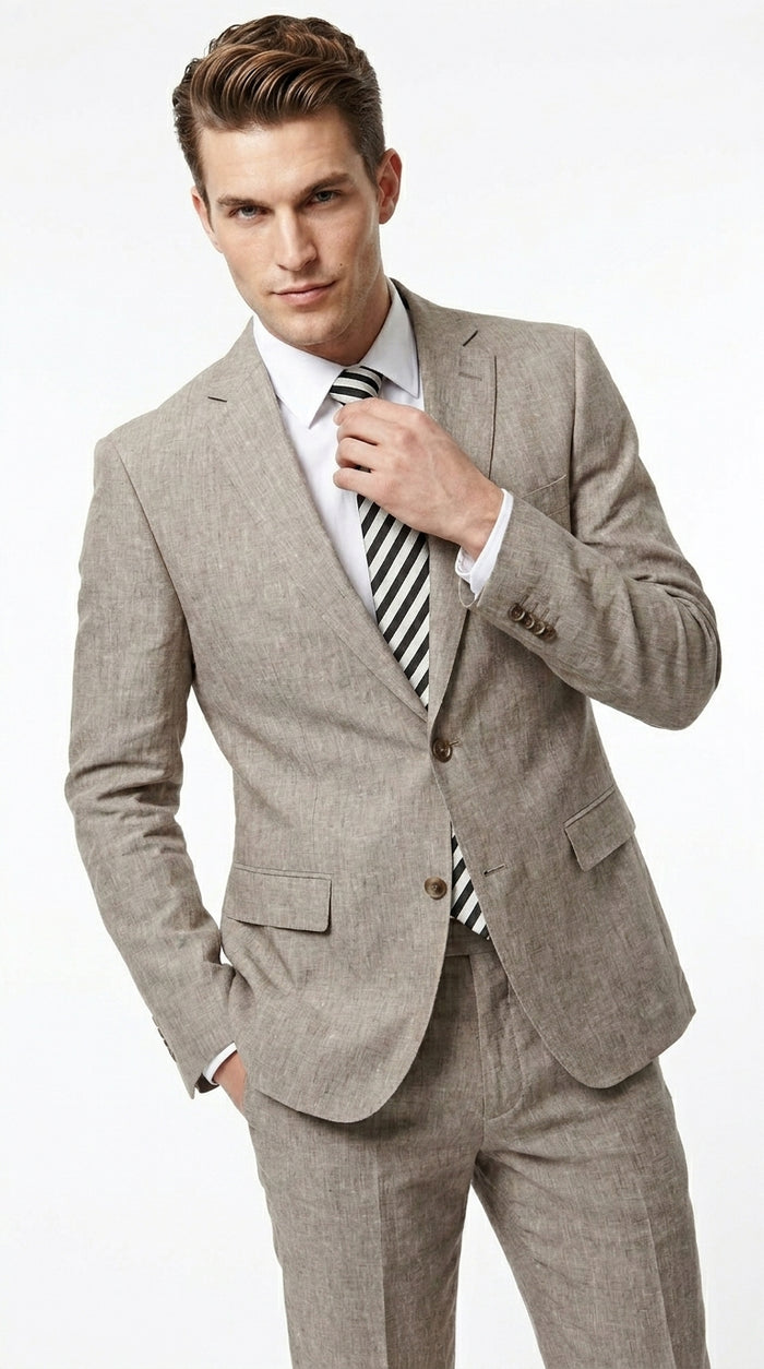 Men’s Dark Tan Taupe 100% Linen Suit with 2 Button Jacket and Flat Front Pants