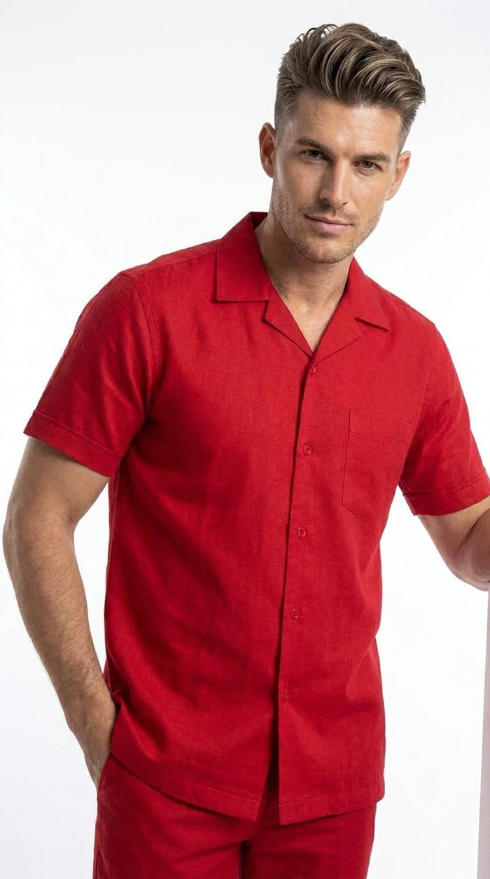 Men’s Red 2 Piece Short Sleeve Walking Suit, Casual Shirt and Pants Set