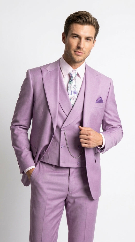 Men’s Lavender Modern Fit 3 Piece Suit, Lapel Vest Wedding Prom Formal Suit with Adjustable Pants