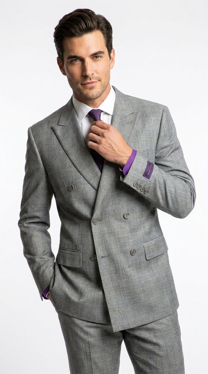 Men’s Grey Glen Plaid Double Breasted Suit, Executive Regular Fit Formal Business Wedding Suit Set