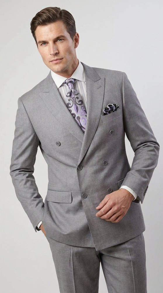 Apollo King Men’s Grey Double Breasted 2 Piece Suit, Pleated Pants Formal Wedding Business Suit Set