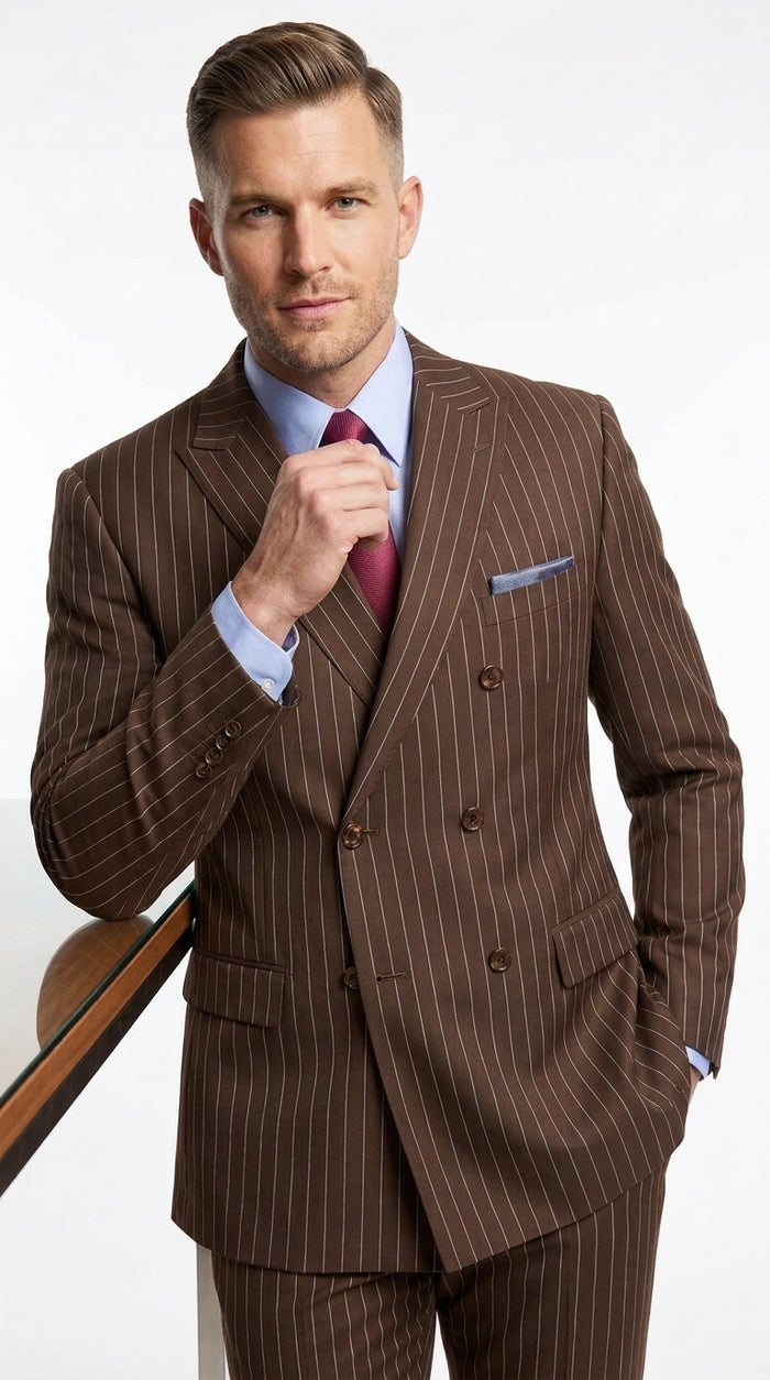 Rockefeller Collection Men’s Brown Double Breasted Pinstripe Suit, Regular Fit 2 Piece Formal Business Suit Set