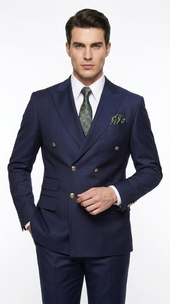 Men’s Navy Blue Double Breasted Suit, Slim Fitted Cut Formal Business Wedding Suit with Flat Front Pants