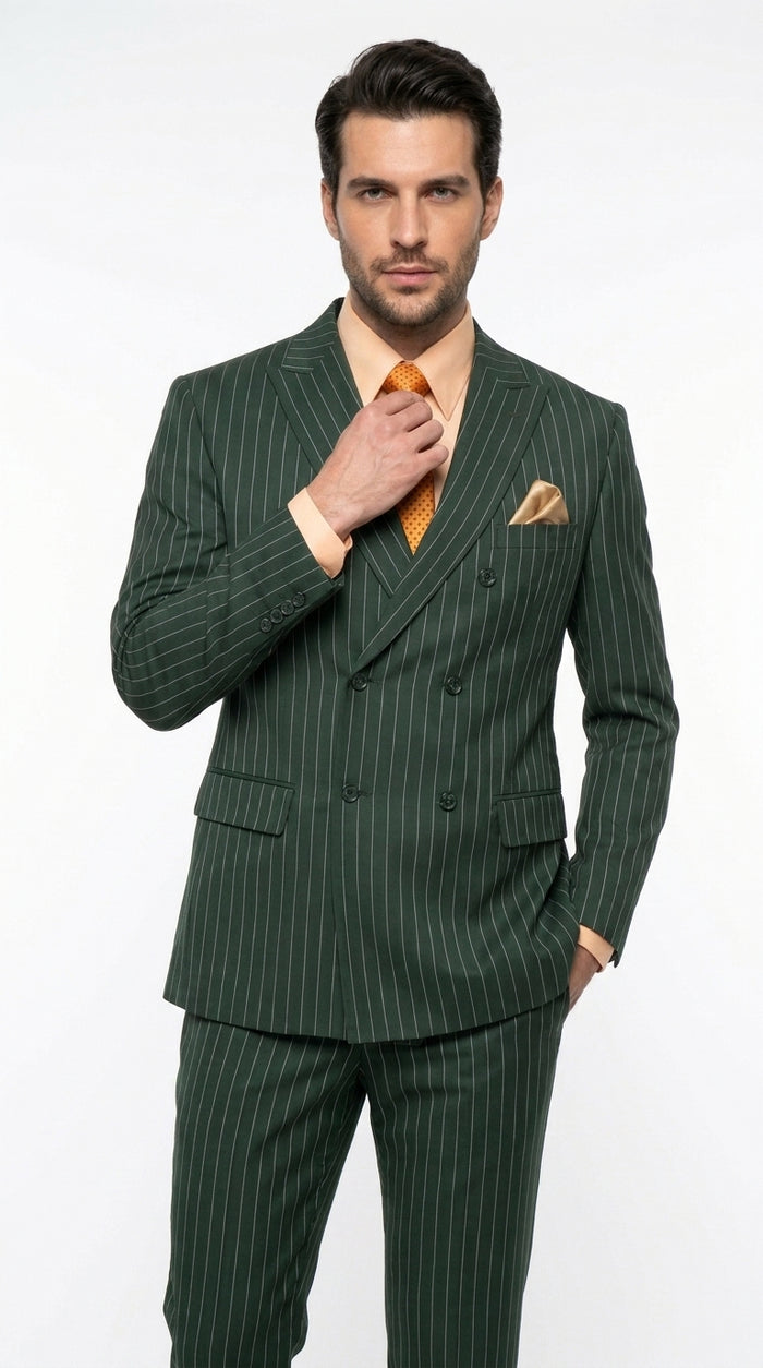 Rockefeller Collection Men’s Hunter Green Double Breasted Pinstripe Suit, Regular Fit 2 Piece Formal Business Suit Set