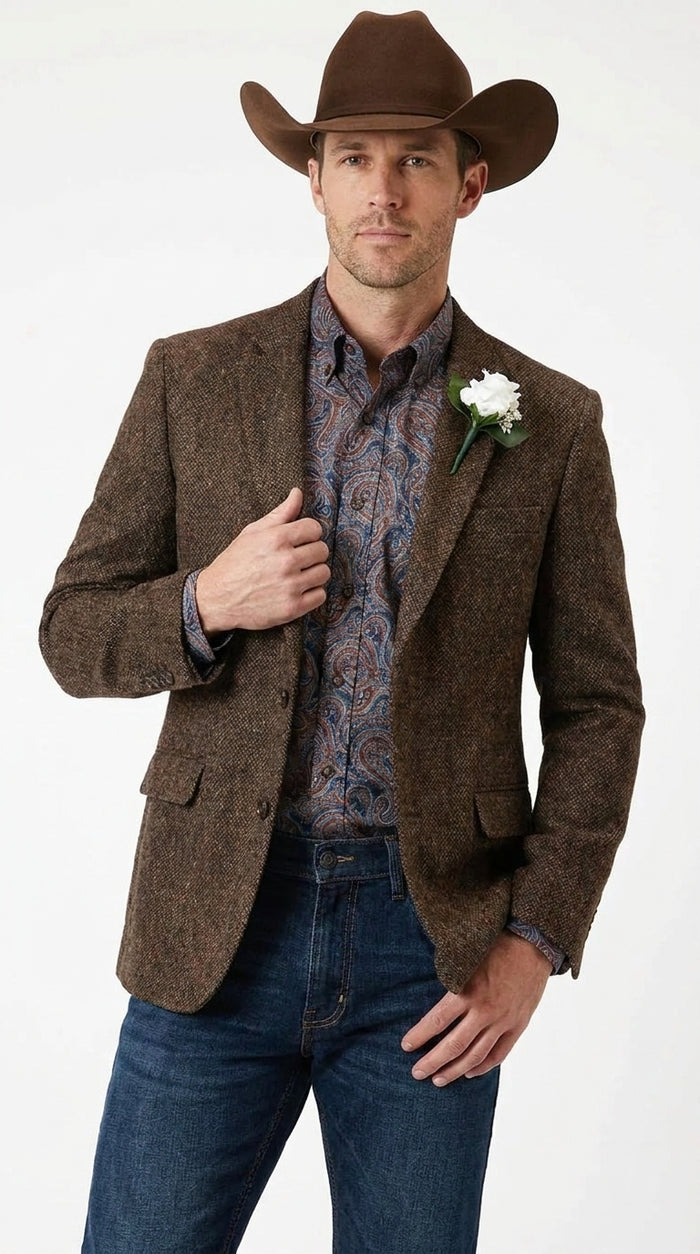 Men’s Brown Western Tweed Herringbone Blazer Jacket – Classic Cowboy Style Sport Coat for Wedding Party