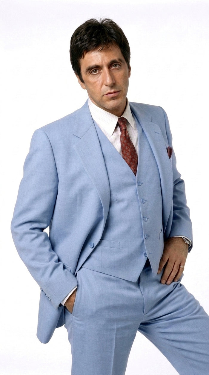 Men’s Steel Blue 3-Piece Suit – Tony Montana Scarface-Inspired Vested Wedding and Party Suit