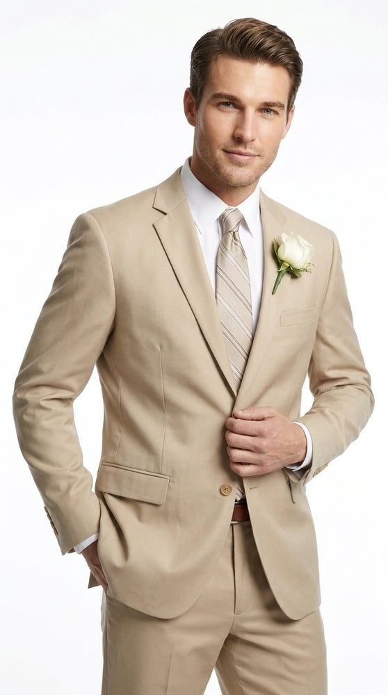Men’s Tan Big and Tall Linen Suit – Lightweight Beach Wedding and Summer Formal Suit