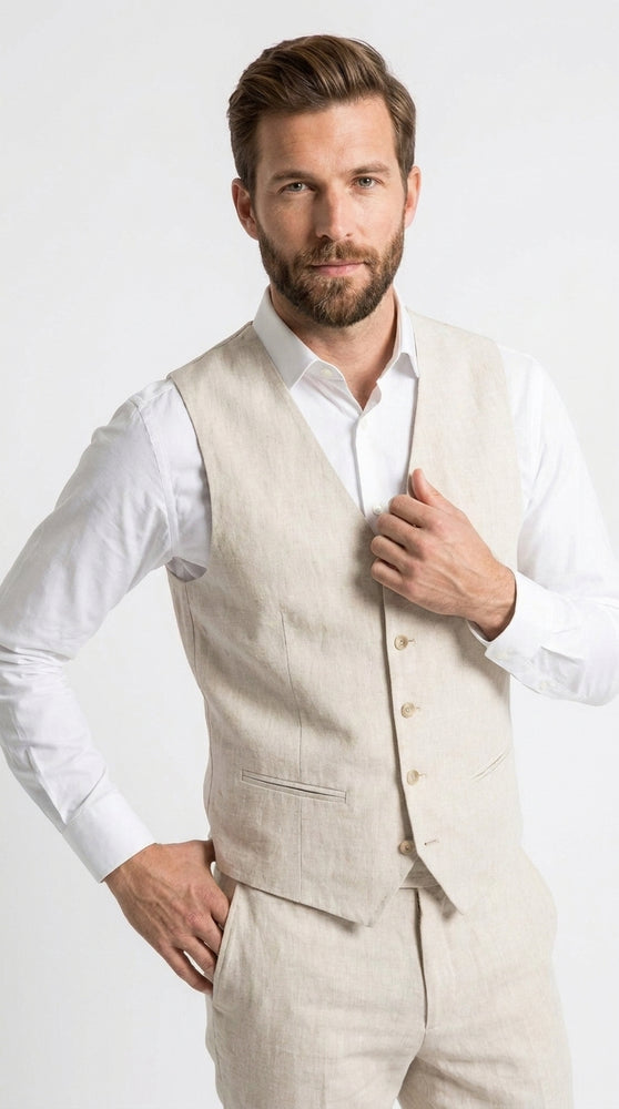 Men’s Ivory Linen Vest and Pants Set – 2-Piece Wedding, Beach and Summer Formal Outfit