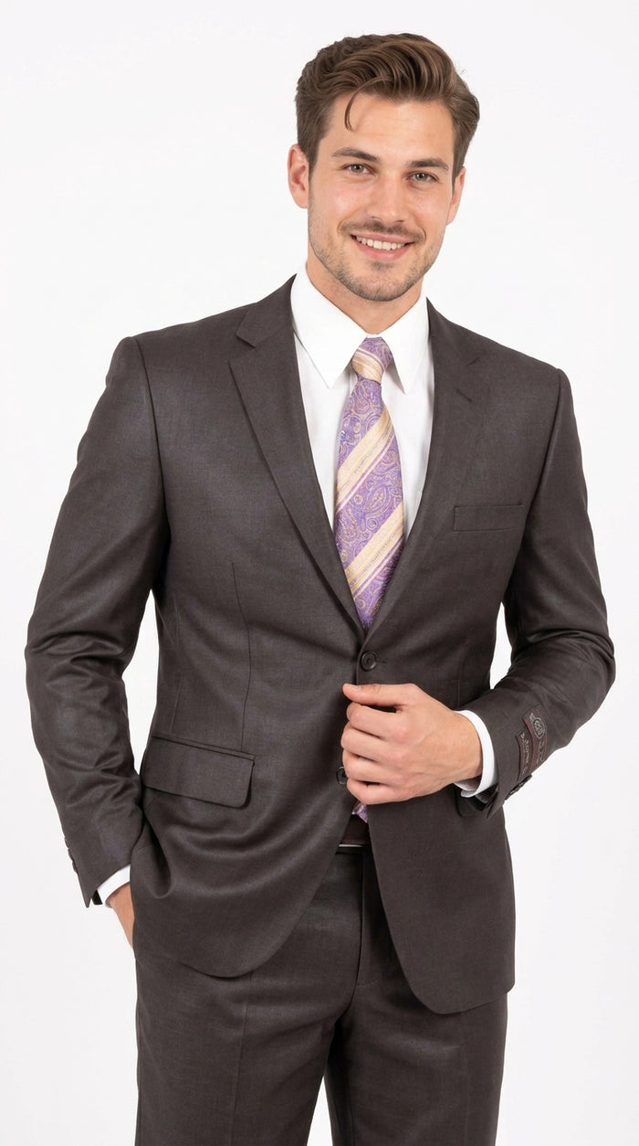 Men’s Dark Brown Shiny Sharkskin 2 Button Suit, Formal Wedding Business Dress Suit