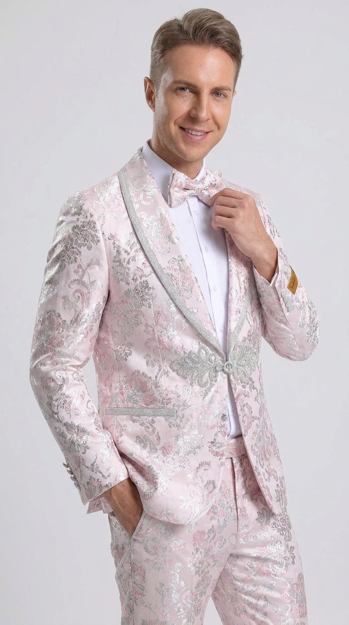 Men’s Pink Floral Paisley Prom Tuxedo with Silver Trim, Fancy Wedding Party Dinner Jacket Suit