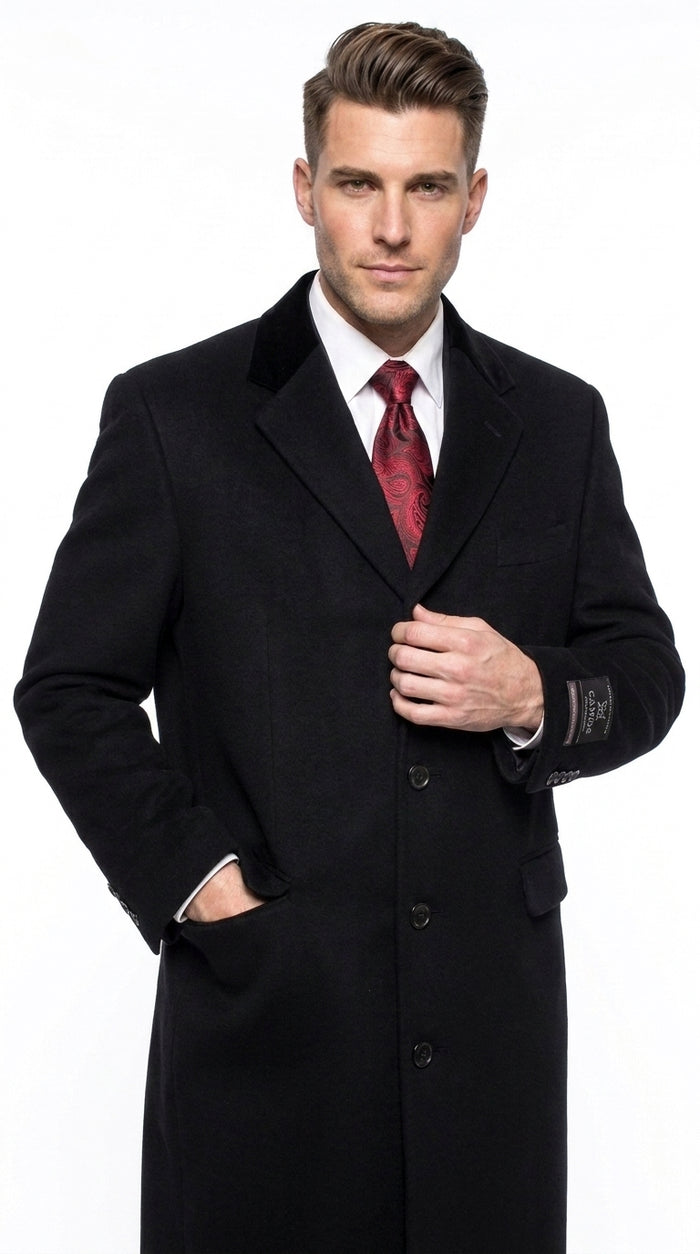 Men’s Black Chesterfield Full Length Wool and Cashmere Overcoat, Formal Winter Dress Coat