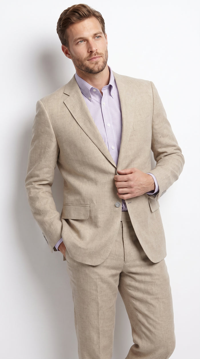 Men’s Beige Natural Big and Tall Linen Suit, Summer Wedding and Business Dress Suit