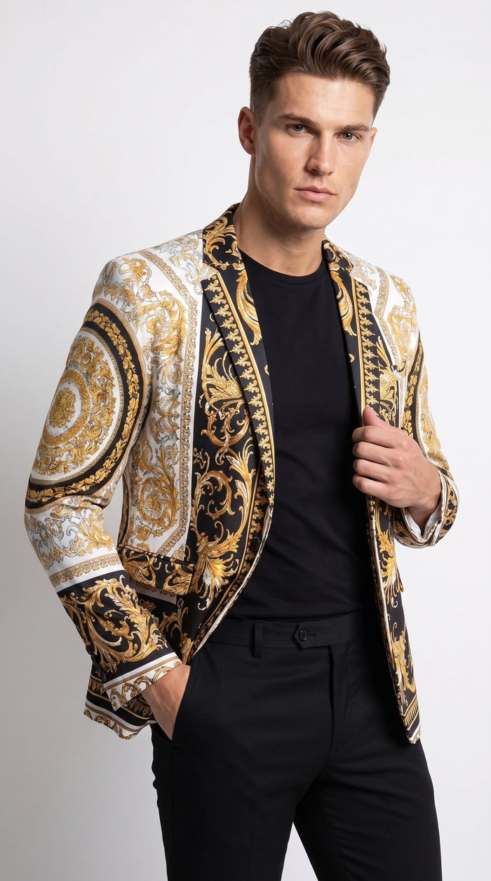 Men’s Black and Gold Baroque Print Blazer – Luxury Yellow Pattern Sport Coat for Wedding, Prom and Party