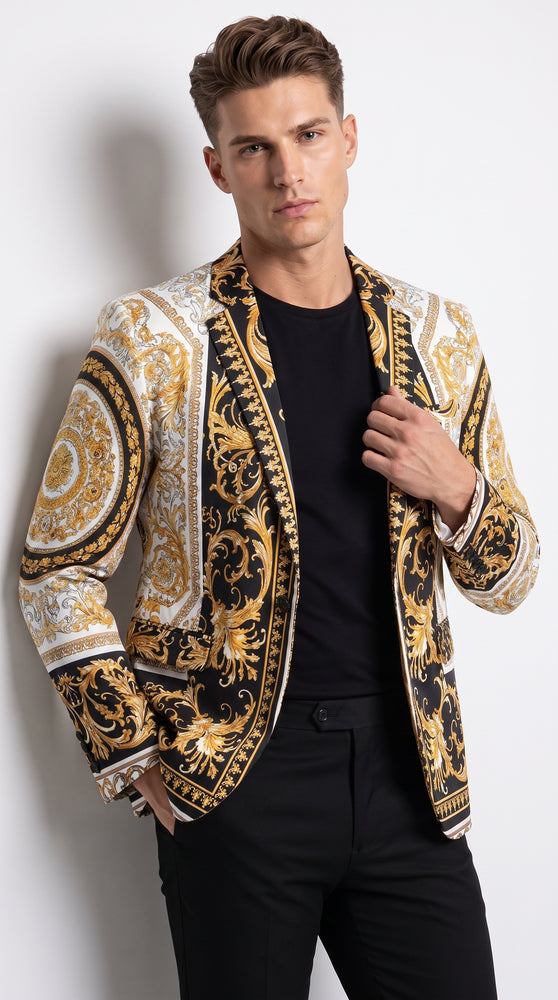 Men’s Black and Gold Baroque Print Blazer – Luxury Yellow Pattern Sport Coat for Wedding, Prom and Party