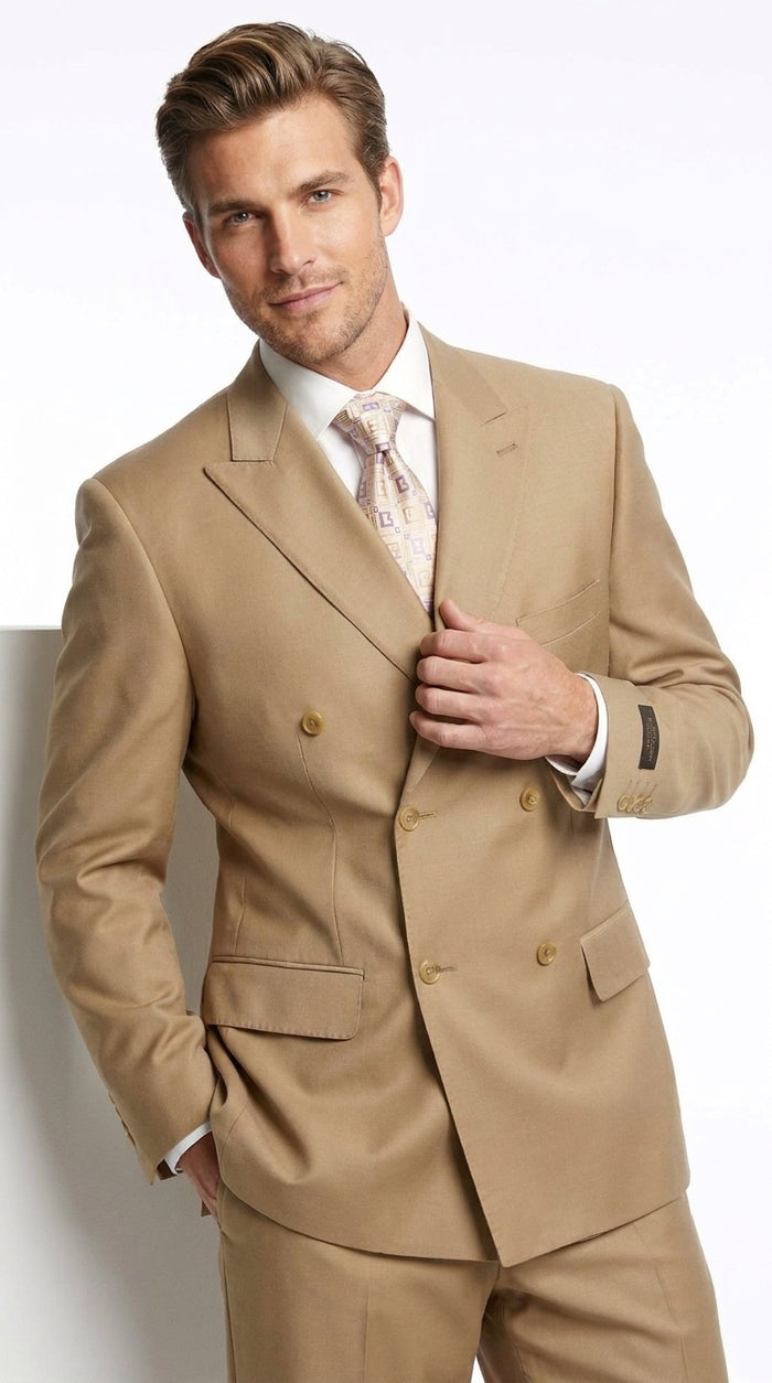 Men’s Khaki Bronze Camel Double-Breasted Suit – Classic Pleated Pants Wedding, Business and Formal Suit