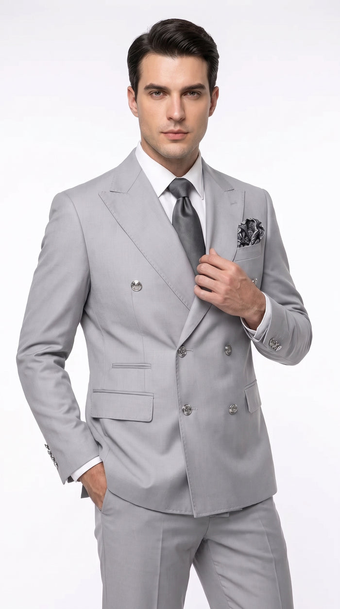 Rossi Man Men’s Silver Double-Breasted Suit – Modern Fit Wedding, Prom and Formal 2-Piece Suit