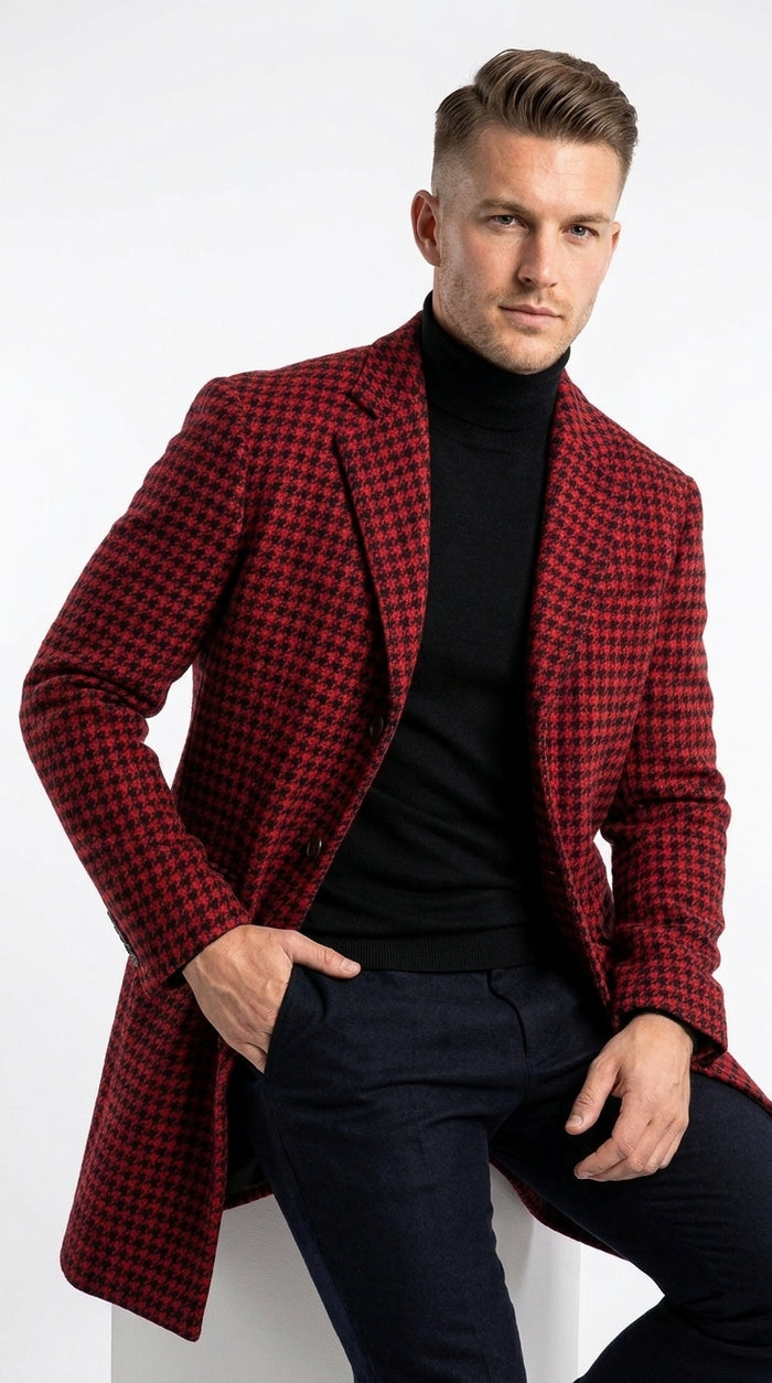 Men’s Red and Black Plaid Peacoat – Wool-Blend Houndstooth Winter Overcoat