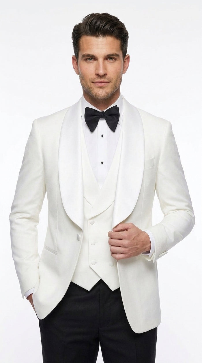 Men’s White 3-Piece Tuxedo Suit – Wide Shawl Lapel Wedding, Prom and Formal Suit