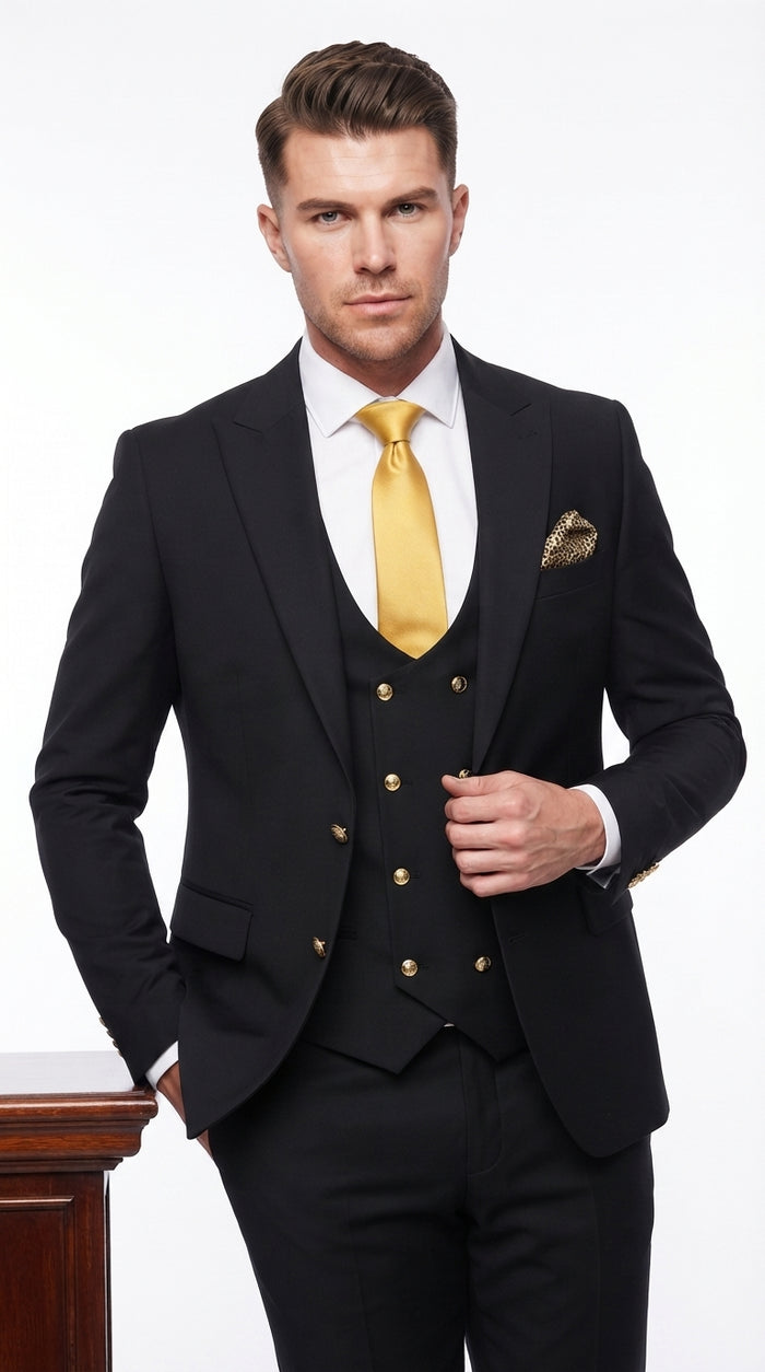 Men’s Black Slim-Fit 3-Piece Suit with Gold Buttons – Double-Breasted Vest Wedding and Formal Suit
