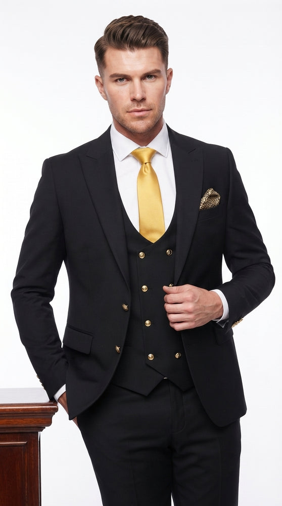 Men’s Black Slim-Fit 3-Piece Suit with Gold Buttons – Double-Breasted Vest Wedding and Formal Suit