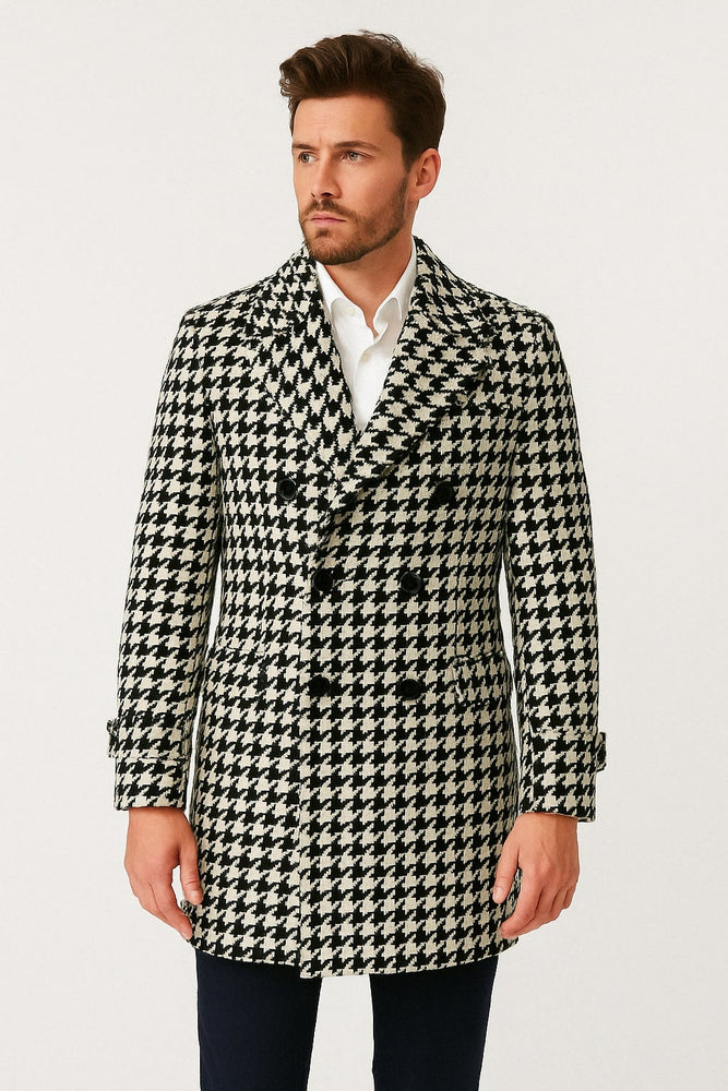 Mens Houndstooth Double-Breasted Wool Peacoat – Black and White Wool  Short Coat Slim Fit