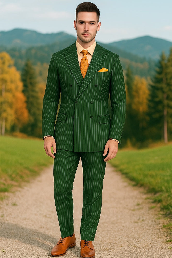 Mens Hunter Green Pinstripe Double-Breasted Suit – Bold 6-Button Vintage Gangster Style 1920s Look
