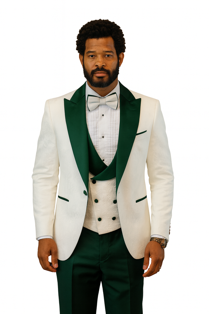 Hilton White and Hunter Green Paisley Peak Lapel Tuxedo Jacket with Matching Shawl Vest and Wool Pants – Includes Bow Tie