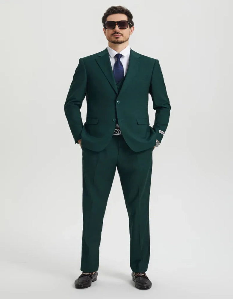 Men's Two Button Vested Stacy Adams Basic Designer Hunter Green Suit