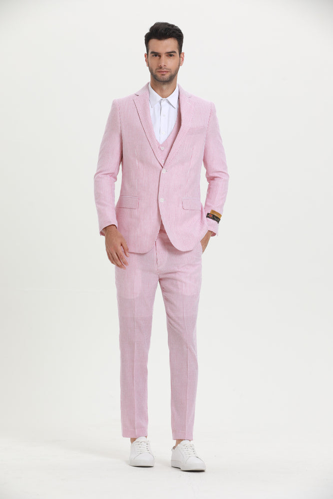 SKU#JA61390 Seersucker Suit - Summer Suit - Cotton Suit - Red