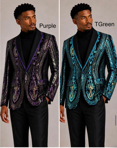 Men's ornate striped sequin blazers in purple and teal green