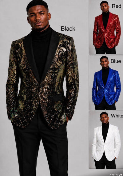 Men's black, red, blue and white patterned sequin blazers