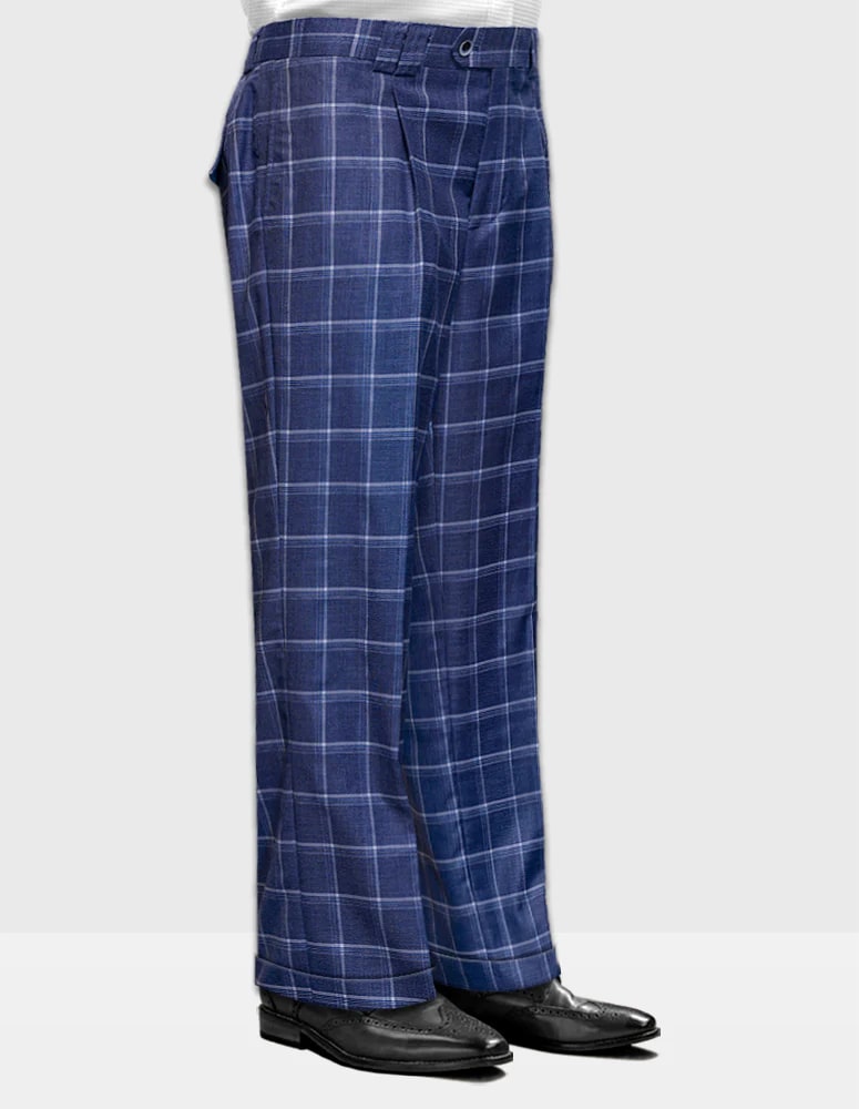 Women's Wide Leg Plaid Pants - Indigo Blue - High Waisted Trousers