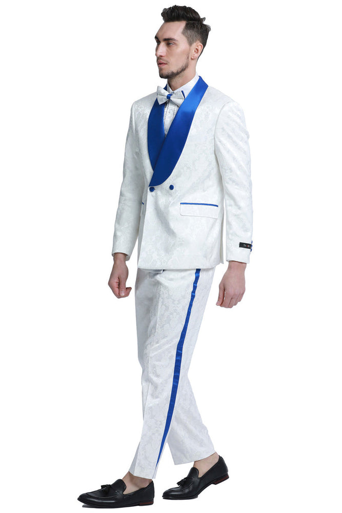 Men's Double Breasted Paisley Smoking Jacket in White & Royal Blue