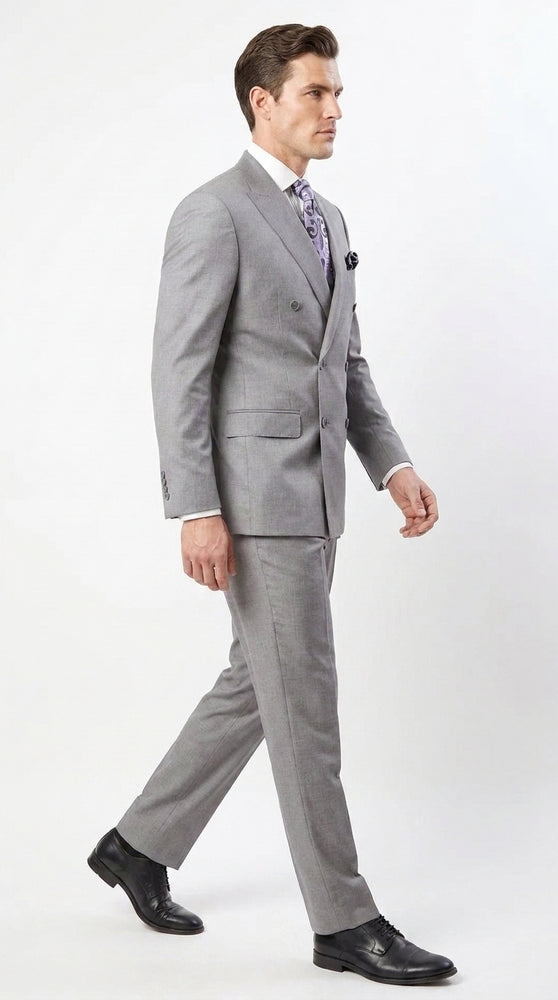 Apollo King Men’s Grey Double Breasted 2 Piece Suit, Pleated Pants Formal Wedding Business Suit Set