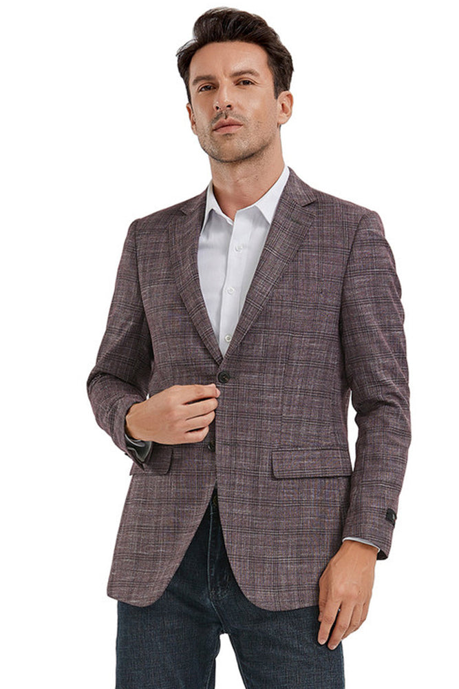 Men's Slim Fit Casual Sport Coat in Dark Rose Pink Plaid
