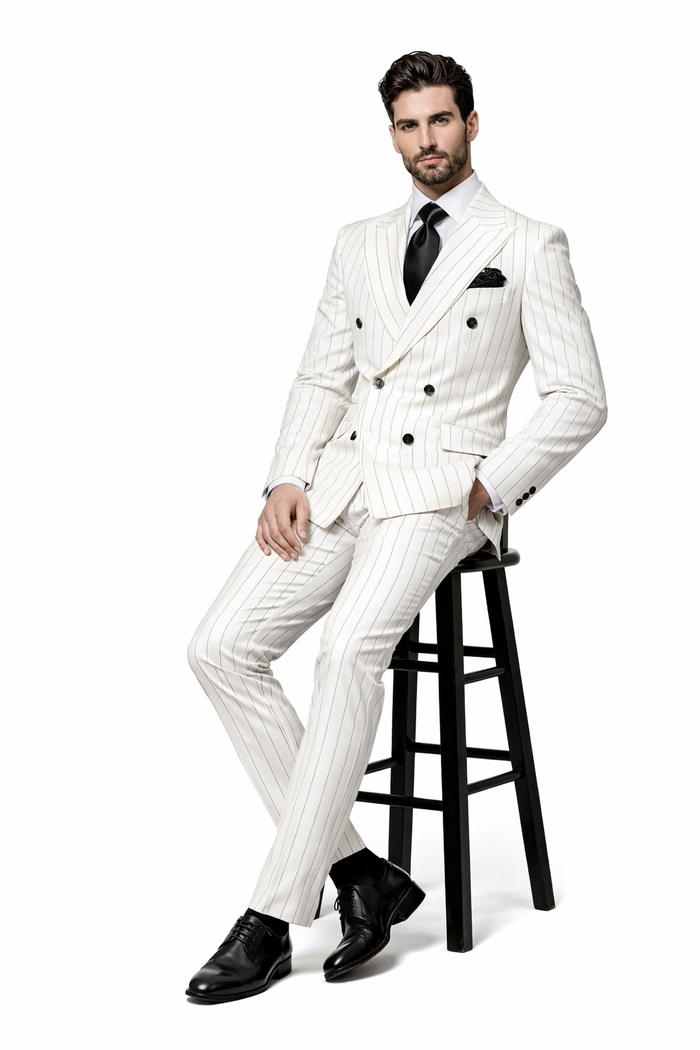 Rossiman Imperial White Double-Breasted Pinstripe Three-Piece Suit