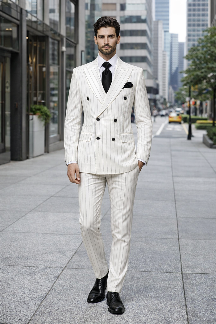 Rossiman Imperial White Double-Breasted Pinstripe Three-Piece Suit
